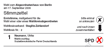 Ausschnitt des Musterstimmzettels Erststimme, Quelle: Landeswahlleiter. Rotes Kreuz: SPD-Wahlempfehlung 