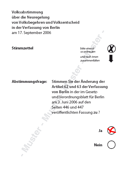 Musterstimmzettel Volksabstimmung, Quelle: Landeswahlleiter. Rotes Kreuz: SPD-Wahlempfehlung 